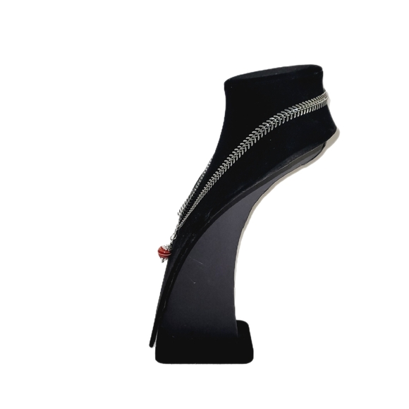 Elegant Whimsical Fishbone Chain Lampwork Glass Pendant Necklace Red White Swirl - Picture 4 of 7